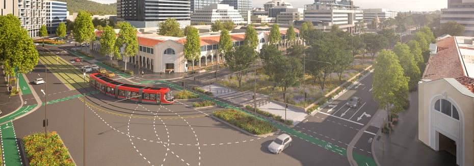 Artist impression of the light rail at Alinga Street (cr: ACT Government)